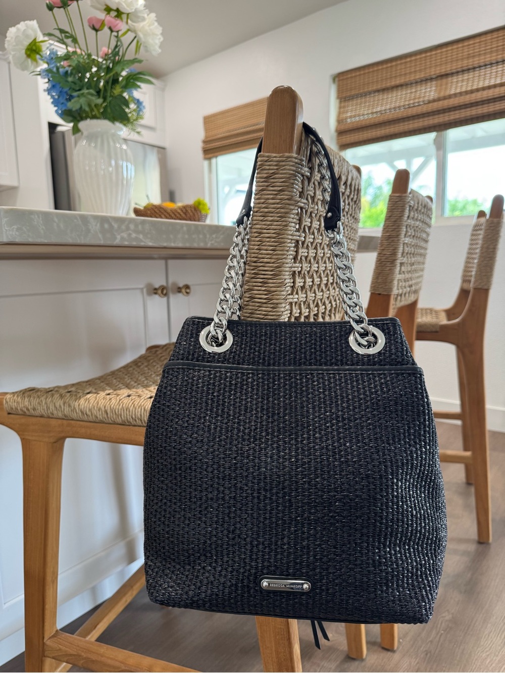 NWT Rebecca Minkoff Edie Large Black Woven Straw Bucket Shoulder Bag Purse New - Picture 6 of 17